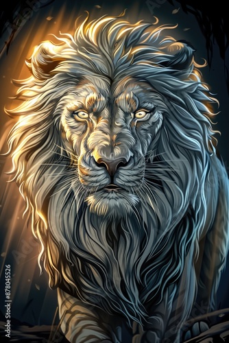 Majestic Silver Lion with Glowing Eyes and Flowing Mane in the Dark photo