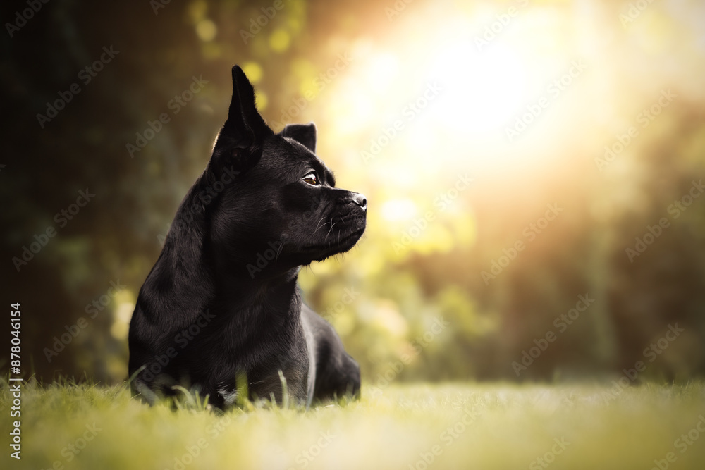 Black dog lying on a meadow in sunlight looking to the right. Portrait of a dog with blurred soft background outdoors Black dog lying on a meadow in sunlight looking to the right. Portrait of a dog with blurred soft background outdoors