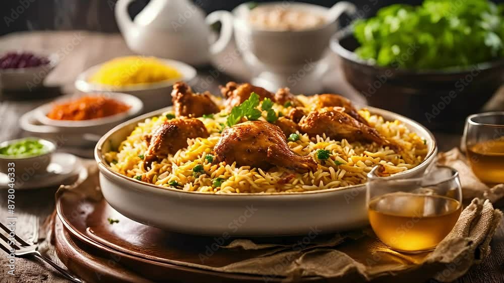 Chicken Biryani with Fragrant Basmati and Exotic Spices, food stock video, biryani video, festival food, seamless looping, 4k video looping, dinner stock videos, food recipes, youtube videos, stock ai Chicken Biryani with Fragrant Basmati and Exotic Spices, food stock video, biryani video, festival food, seamless looping, 4k video looping, dinner stock videos, food recipes, youtube videos, stock ai