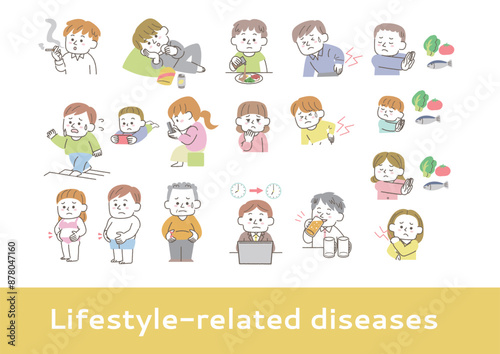 生活習慣病の原因になる行動をしている人々のイラスト