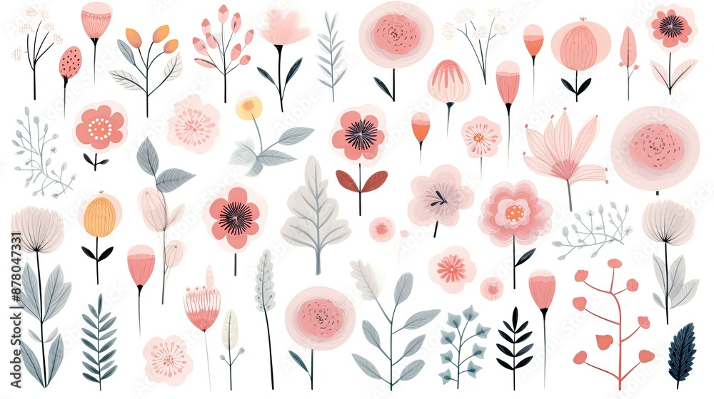A set of hand drawn flower stickers in pastel colors A set of hand drawn flower stickers in pastel colors