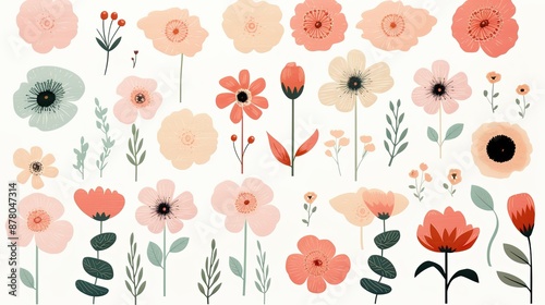 A set of hand drawn flower stickers 