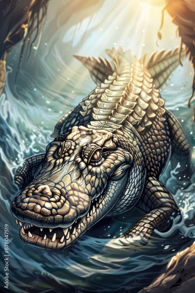 A detailed illustration of a massive alligator emerging from the water, its powerful jaws slightly open, surrounded by a vibrant jungle scene with bright sunlight. A detailed illustration of a massive alligator emerging from the water, its powerful jaws slightly open, surrounded by a vibrant jungle scene with bright sunlight.
