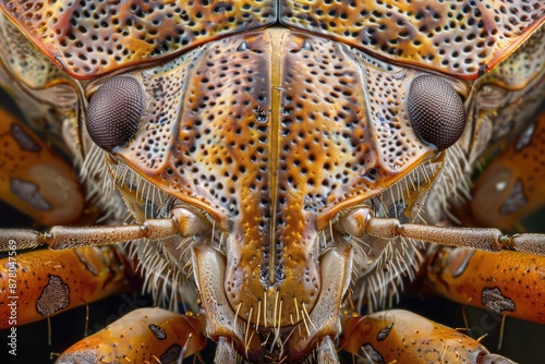 Bug Close-up: Top View of Brown Marmorated Stink Beetle in Natural Fauna Setting photo