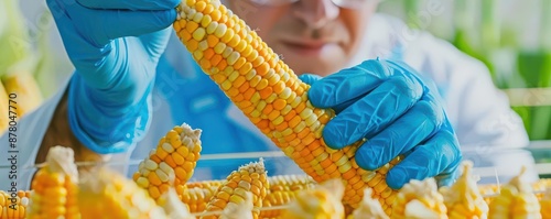 Scientist inspecting genetically modified corn in a hightech lab, Food BioTech, Advanced crop engineering