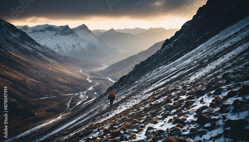 Highland Roams in Cloudy Winter: The Explorer's Jaunt Immersed in Landslide