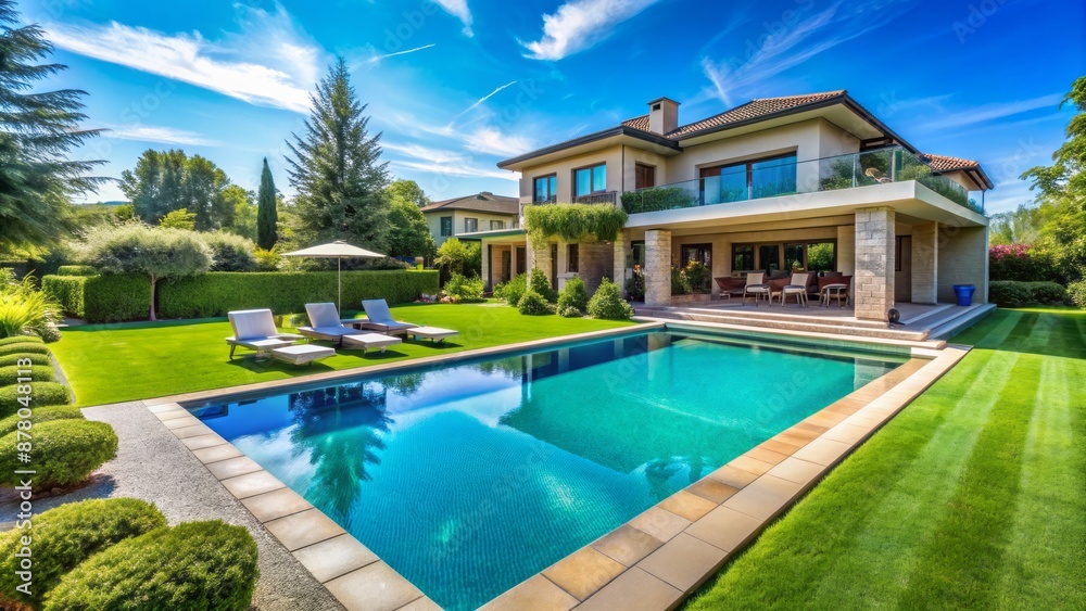 Luxurious villa's serene backyard oasis featuring crystal-clear swimming pool surrounded by lush greenery under a brilliant vibrant blue sky. Luxurious villa's serene backyard oasis featuring crystal-clear swimming pool surrounded by lush greenery under a brilliant vibrant blue sky.