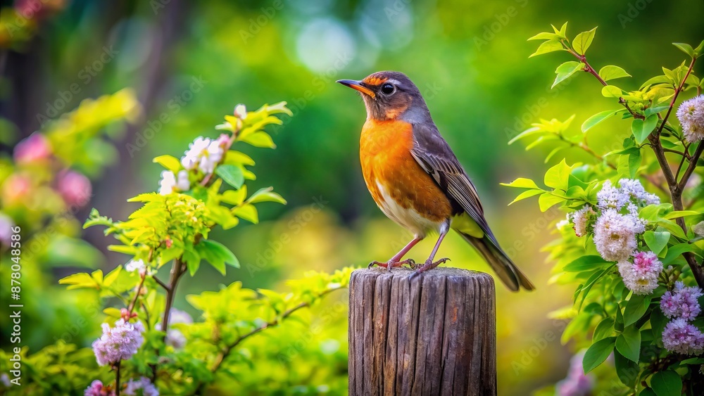 Small brown bird with distinctive red breast feathers perched alone on a plain white studio background looking upwards slightly. Small brown bird with distinctive red breast feathers perched alone on a plain white studio background looking upwards slightly.