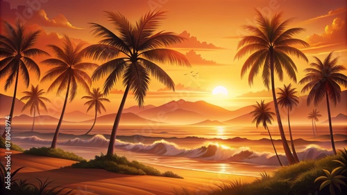 Warm orange hues illuminate serene rolling hills, gentle waves, and majestic palm trees against a tranquil atmospheric gradient.