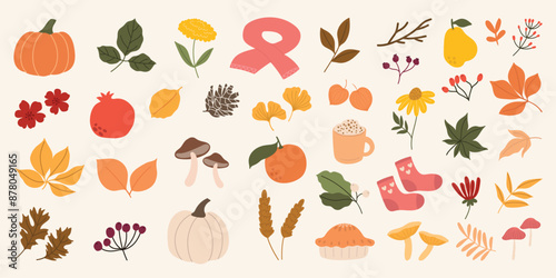 Collection of autumn element vector. Set of flowers, oak, maple, ginkgo leaf, berry, mushroom, acorn, pumpkin, sock, coffee. Hand drawn of autumn foliage design for decorative, print, graphic, card.