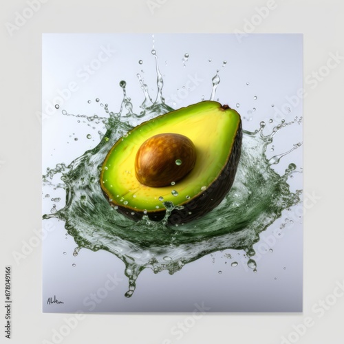 A liquid green avocado is splashing in a rectangular splash of water, creating a vibrant art piece on the tableware photo