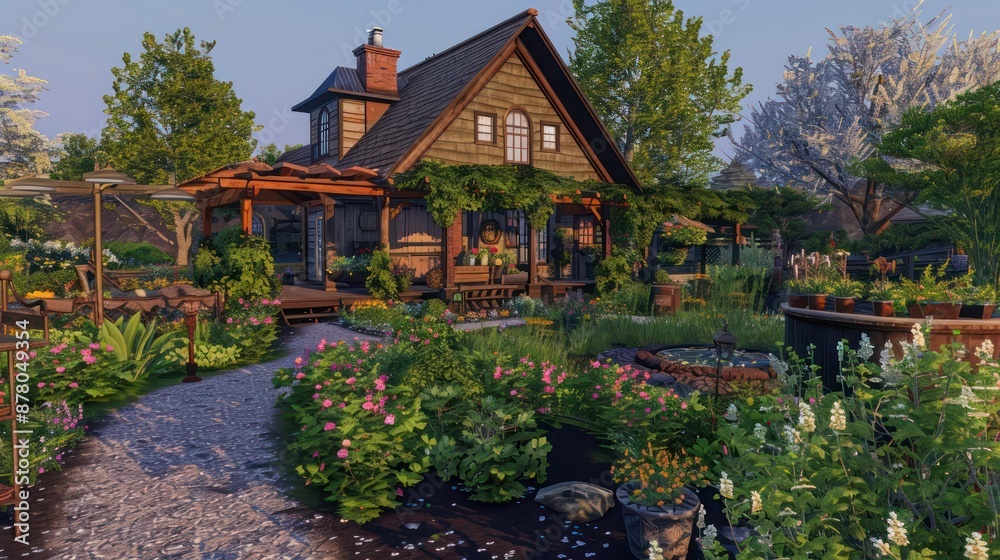 ranch house with a themed garden for each season, featuring plants that bloom specifically during their respective season ranch house with a themed garden for each season, featuring plants that bloom specifically during their respective season