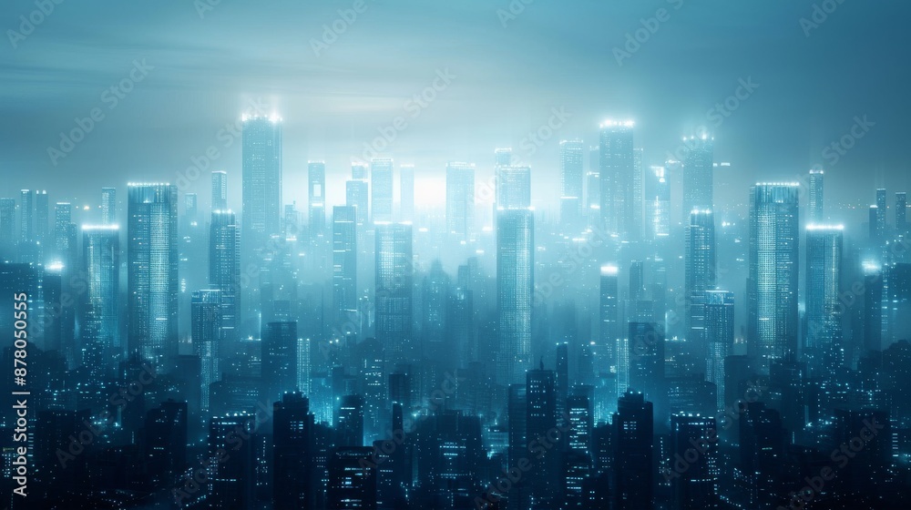 Futuristic cityscape at night with illuminated skyscrapers and a foggy atmosphere, evoking a high-tech and dystopian urban feel. Futuristic cityscape at night with illuminated skyscrapers and a foggy atmosphere, evoking a high-tech and dystopian urban feel.