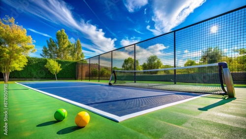 Wallpaper Mural Empty pickleball court with net and rackets lying on the ground surrounded by lush green trees and a bright blue sky. Torontodigital.ca