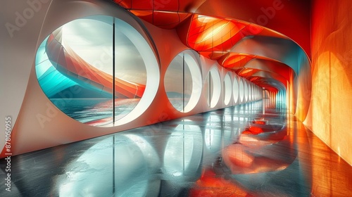 Futuristic corridor with vibrant colors and circular windows, reflecting beautifully on the shiny floor in an abstract architectural design.