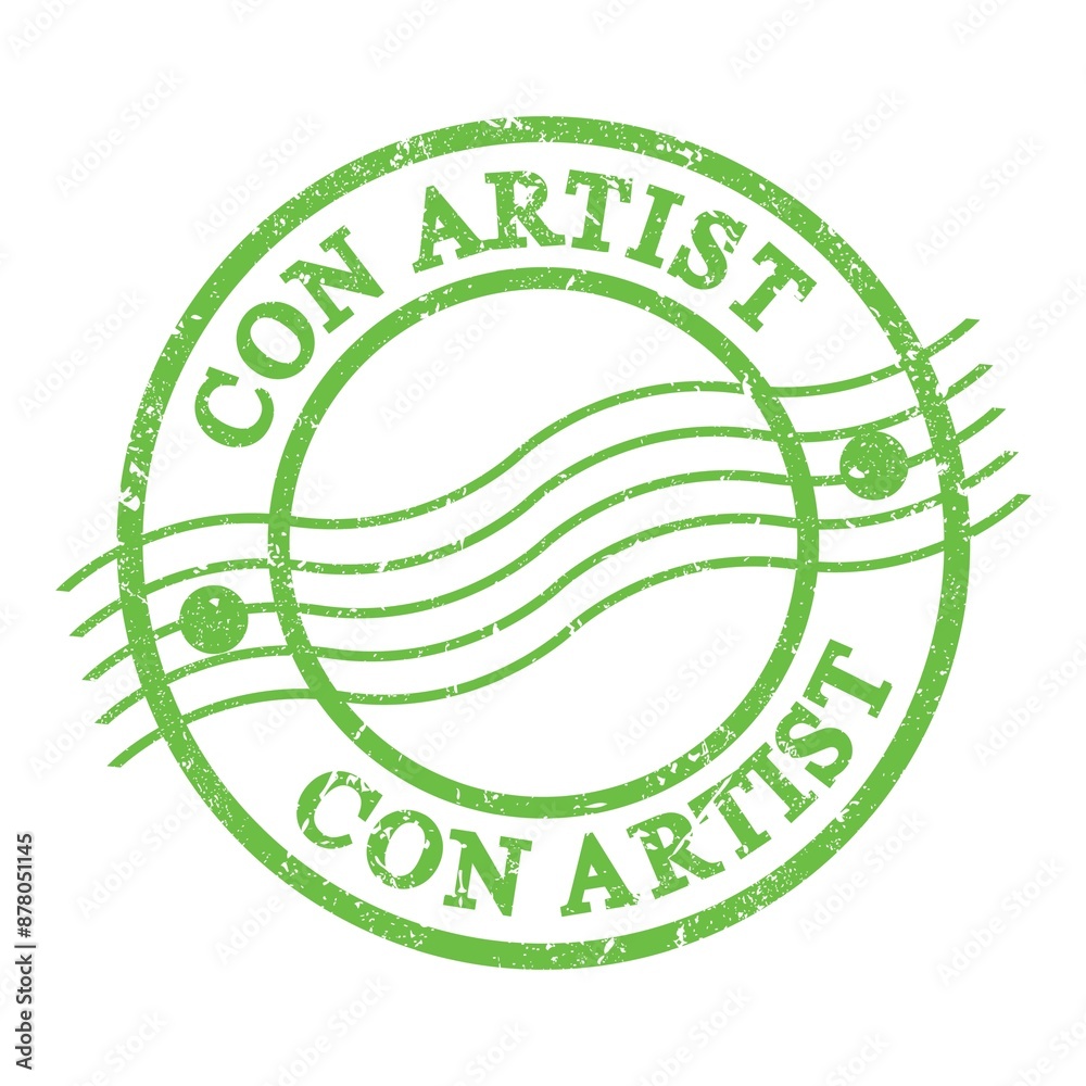 CON ARTIST, text written on green postal stamp. CON ARTIST, text written on green postal stamp.
