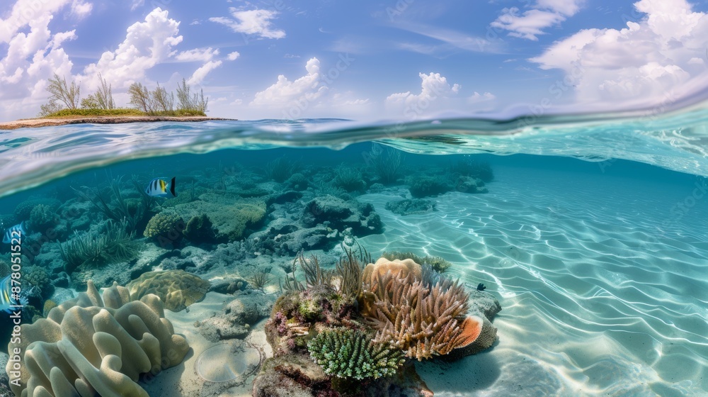 Naklejka premium Colorful underwater scenes featuring vibrant coral reefs, teeming with marine life and crystal-clear waters.