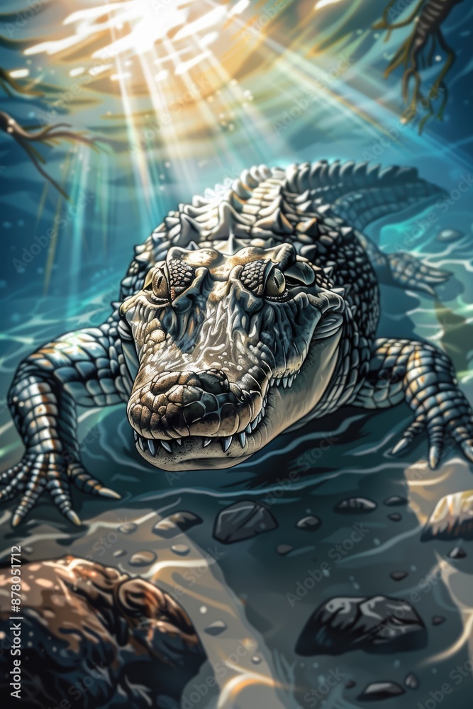 Fototapeta premium Detailed illustration of a menacing crocodile lurking in the shallows of a river, its powerful presence evoking both fear and fascination.