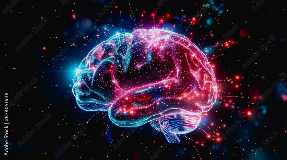 Fototapeta premium Neon lit AI with digital particles and futuristic aesthetic