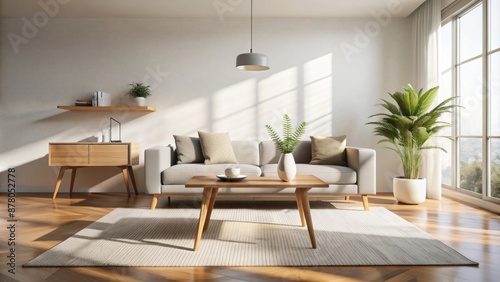 Minimally decorated modern living room interior with empty table against a bright white wall featuring soft morning shadows.