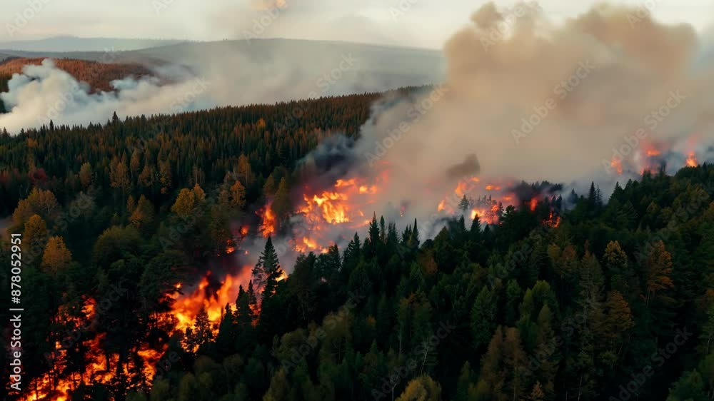 Aerial view of wildfire burning in forest at sunset