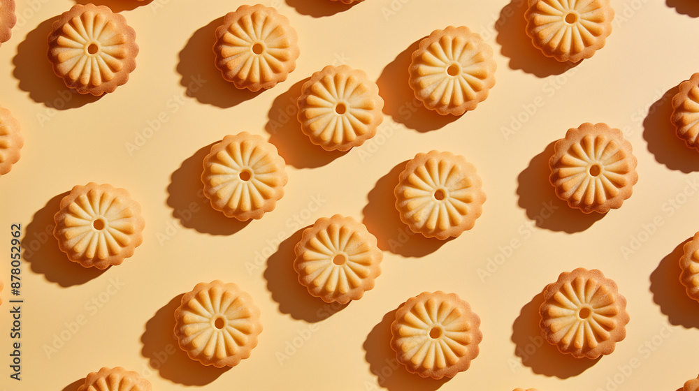 A background of various cookies arranged symmetrical with shadow effects, creating a sense of depth, on a pale yellow background with shadows A background of various cookies arranged symmetrical with shadow effects, creating a sense of depth, on a pale yellow background with shadows