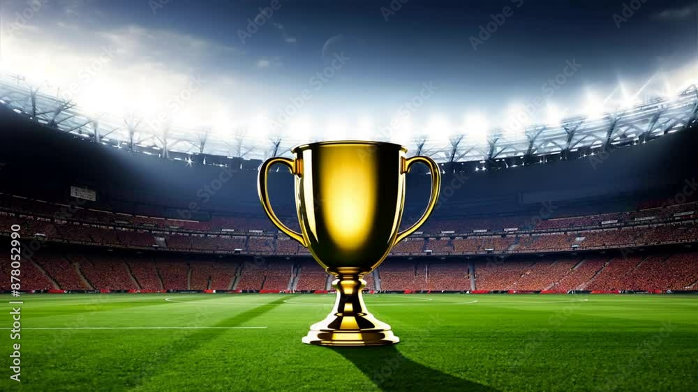 A large championship trophy on a beautiful football field.