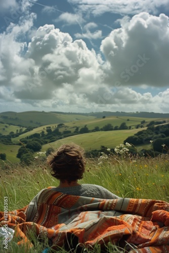 Serene Moment of Reflection - Person Lying on Picnic Blanket in Meadow, Staring at Clouds