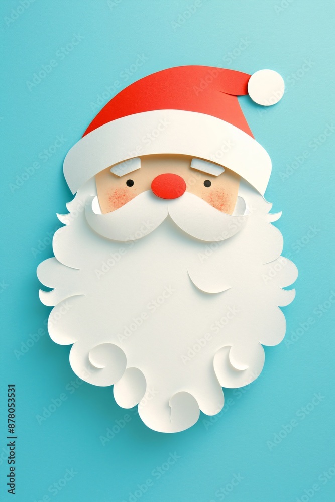 Cute paper craft Santa Claus on blue background. Paper cut style. Happy New Year, Merry Christmas. Holiday design for greeting card, invitation, banner, poster with copy space Cute paper craft Santa Claus on blue background. Paper cut style. Happy New Year, Merry Christmas. Holiday design for greeting card, invitation, banner, poster with copy space