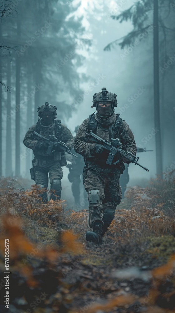 Troops from the military force going carefully through a forest in a commando formation Troops from the military force going carefully through a forest in a commando formation