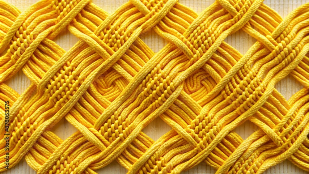 Fototapeta premium Artistic entwined yellow threads form intricate macrame weaving depicting a precise square knot, showcasing meticulous craftsmanship and symmetrical design.
