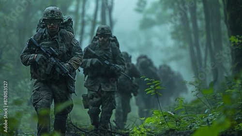 Troops from the military force going carefully through a forest in a commando formation