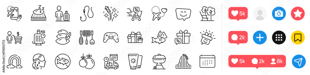 Fototapeta premium Sale gift, Holiday presents and Mattress line icons pack. Social media icons. Fish, Flight destination, Hook web icon. Fireworks rocket, Pillow, Grill pictogram. Vector