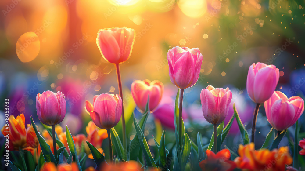 Tulip garden, first blooms, renewal of life. Colorful beautiful fall amazing dreamy romantic artistic image spring nature flowers magical in sunny garden. Tulip garden, first blooms, renewal of life. Colorful beautiful fall amazing dreamy romantic artistic image spring nature flowers magical in sunny garden.