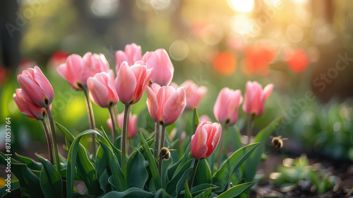 Tulip garden, first blooms, renewal of life. Colorful beautiful fall  amazing dreamy romantic artistic image spring nature flowers magical in sunny garden.