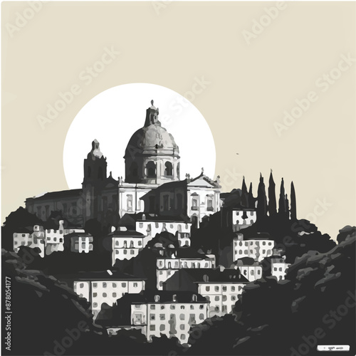 A black and white lisbon, portugal vector art logo design