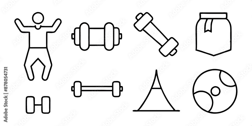 Obraz premium Outline icons of a person, dumbbells, ball, and tent