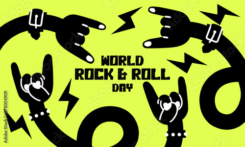 A banner with many hands of a rocker with horns, a bracelet with spikes and a welcome sign in honor of Rock Day on April 13. Long curved black arms on yellow. The inscription about the holiday