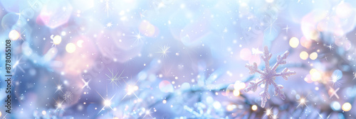 Xmas, New Year's winter background with sparkling snowflakes, white snowdrifts and magical shimmering bokeh. The atmosphere of a holiday and miracle. Сard, invitation, congratulations, banner, flyer. © SunnyCat