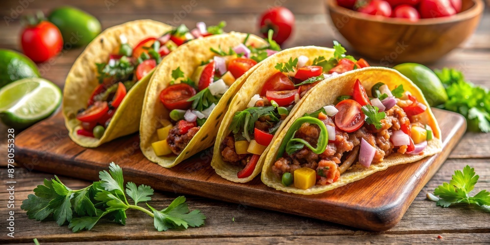 Close-up of Delicious Tacos with Ground Beef, Tomatoes, Onions, and Cilantro on a Wooden Cutting Board, Mexican Food, Taco Tuesday, Street Food, Food Photography Close-up of Delicious Tacos with Ground Beef, Tomatoes, Onions, and Cilantro on a Wooden Cutting Board, Mexican Food, Taco Tuesday, Street Food, Food Photography