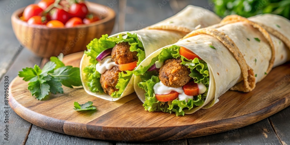 Close-up of Delicious Falafel Wraps with Fresh Veggies and Creamy Sauce, falafel wraps, mediterranean food, healthy snack, lunch idea, vegetarian food Close-up of Delicious Falafel Wraps with Fresh Veggies and Creamy Sauce, falafel wraps, mediterranean food, healthy snack, lunch idea, vegetarian food
