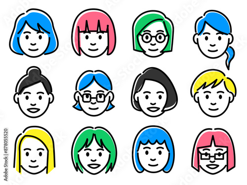 女性の顔のアイコンセット