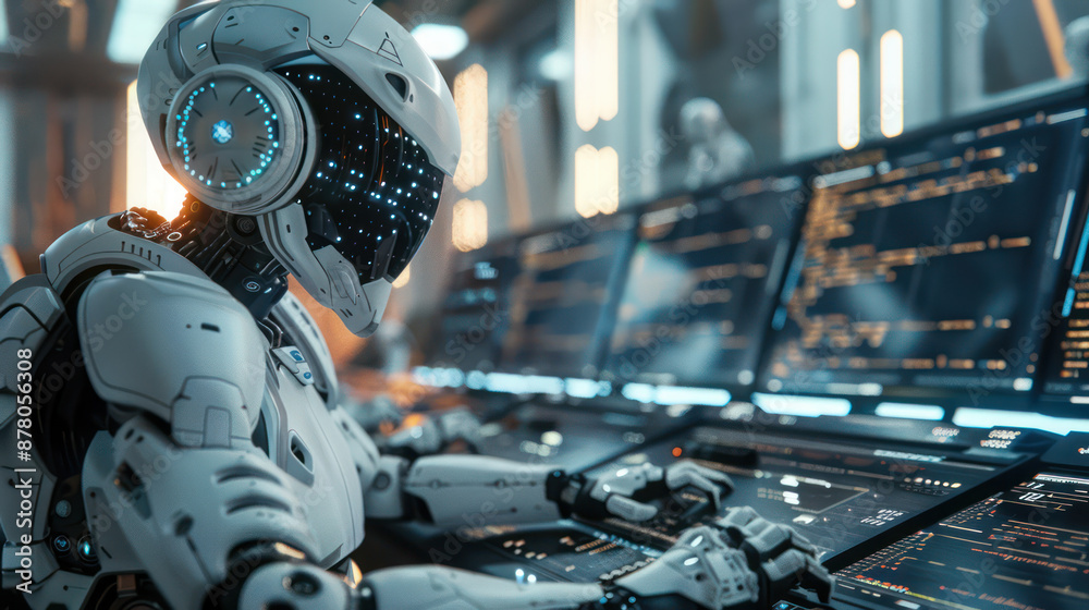 Fototapeta premium Close-up image of an AI robot coding at a workstation. The AI bot should be seated at a high-tech desk with multiple monitors displaying. Future cybernetic technology automation and research concept