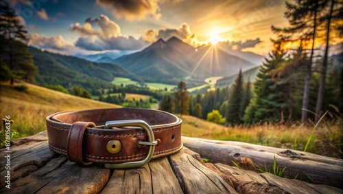 Rustic countryside landscape with blurred mountains and trees, spotlight focused on worn leather belt, and badge on empty space. photo