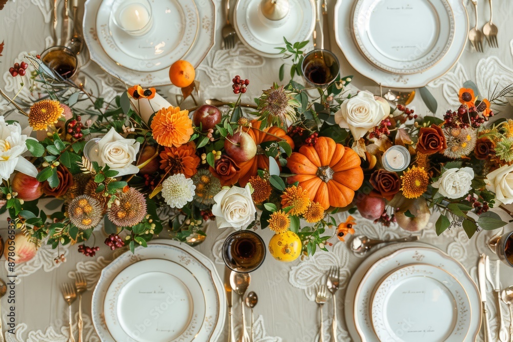 A beautifully arranged autumn table setting featuring pumpkins, vibrant flowers, elegant tableware, and candles for a festive gathering.. A beautifully arranged autumn table setting featuring pumpkins, vibrant flowers, elegant tableware, and candles for a festive gathering..