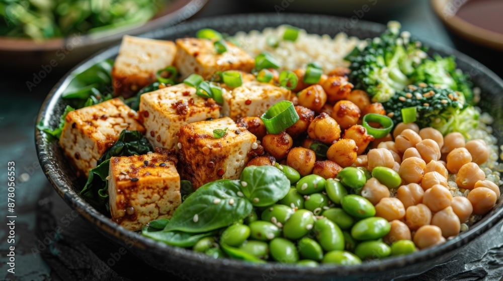 Bowl of food with tofu, broccoli, and other vegetables, plant-based protein sources, Food background, nutritionist concept Bowl of food with tofu, broccoli, and other vegetables, plant-based protein sources, Food background, nutritionist concept