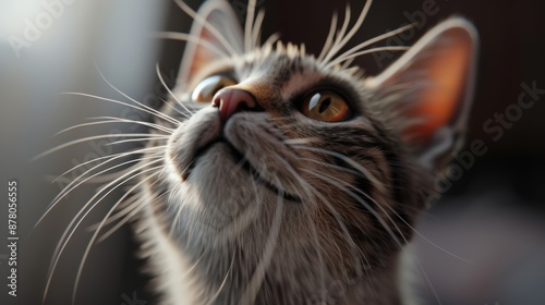 A close-up of a curious cat with whiskers forward, looking up intently, its eyes wide and ears perked