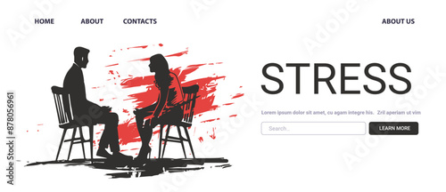 Stress Mental Health Concept counseling session silhouette of two people seated on chairs red abstract background website design