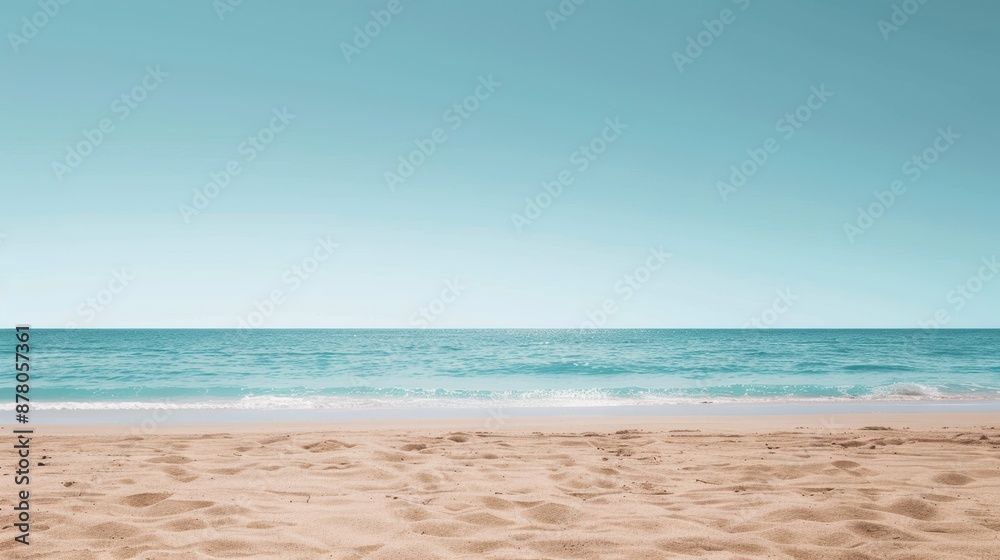 A serene beach with golden sand, calm turquoise waves, and a clear blue sky. Ideal scene for relaxation and tranquility A serene beach with golden sand, calm turquoise waves, and a clear blue sky. Ideal scene for relaxation and tranquility