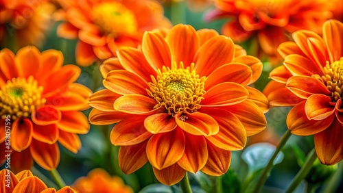 Vibrant orange petals with yellow stamens and green leaves against a soft, blurred background, showcasing intricate floral textures.
